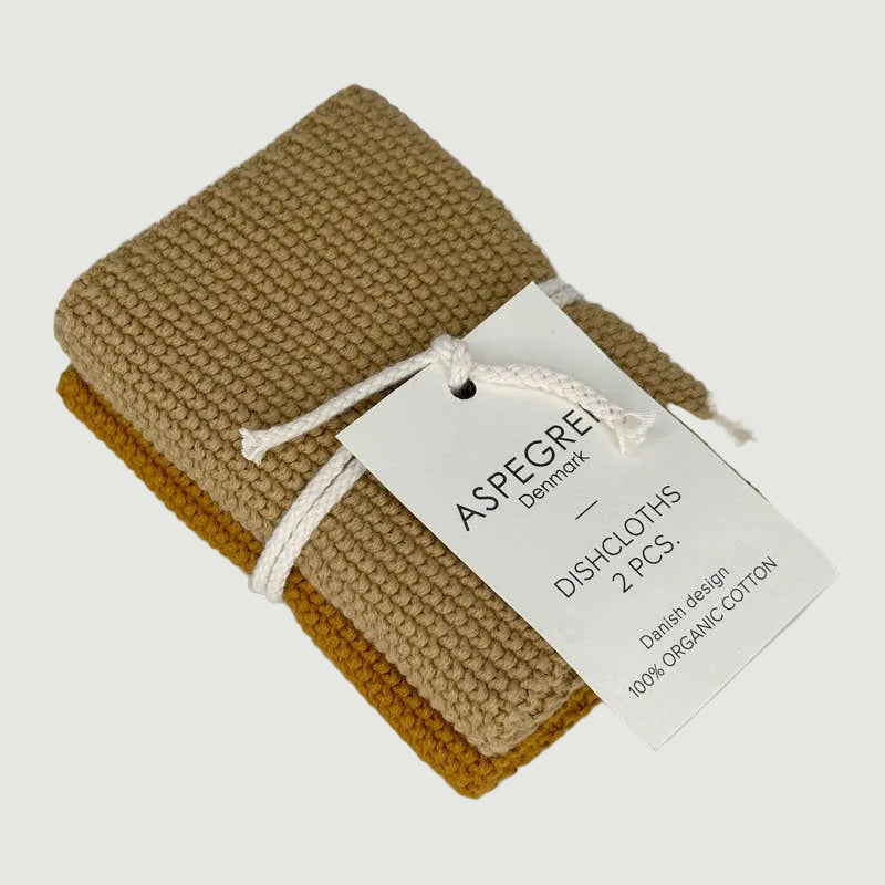 Organic Cotton Dishcloths: Set of 2 Knitted Dark Mustard